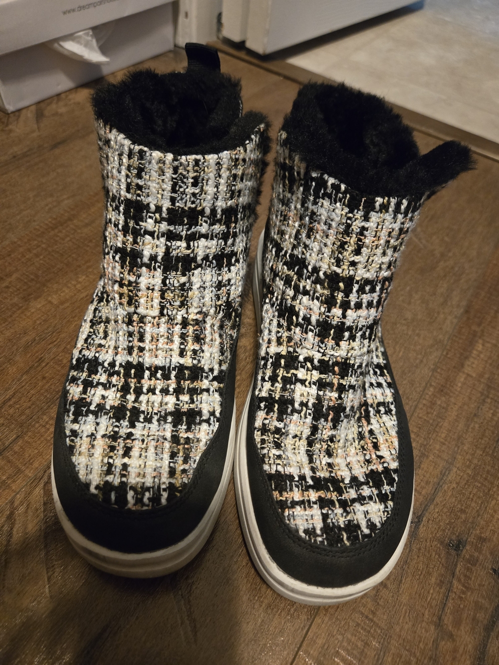 Hey Dude Black and White Tweed Faux-Fur Lined Women's Boots